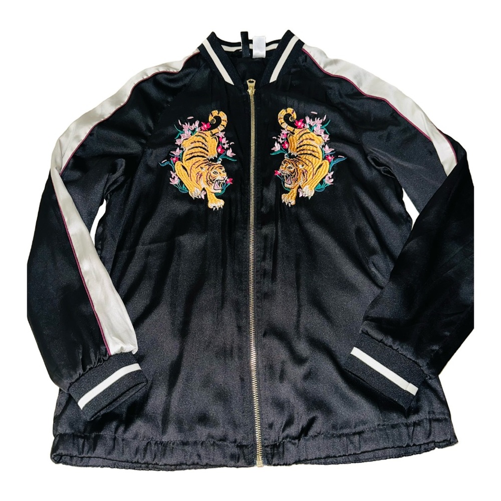 H&M Tiger Black Satin Bomber Jacket
